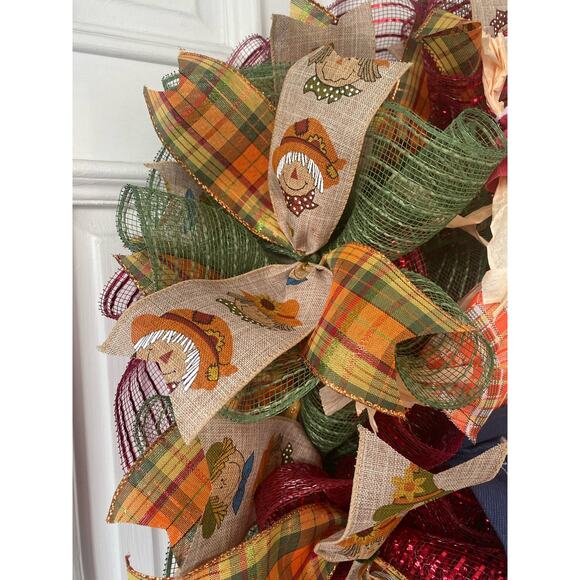 Fall Scarecrow Wreath – Harvest Couple Door Decor – Handmade Autumn Wreath - Picture 6 of 10